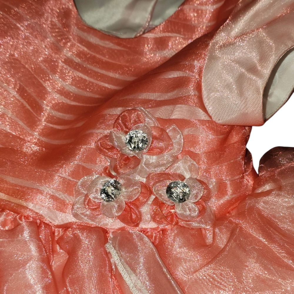 Party Dress Baby Girl 12M Coral Pink Peach Organza Layered Floral Applique - Picture 3 of 7